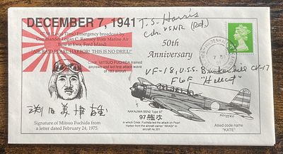 WW2 US ace Cdr T Harris VF18 USS Bunker Hill signed Pearl Harbour FDC, This is no Drill. Good 