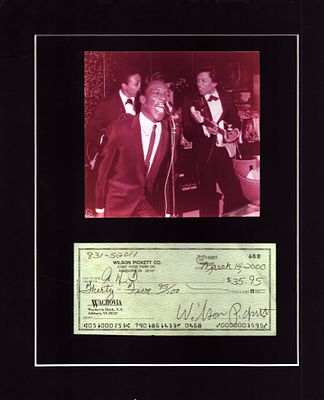 Wilson Picket signed cheque with black & white photo on 10x12 mounted display.