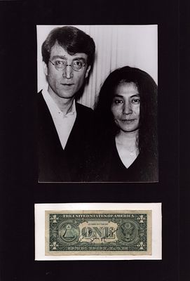 Yoko Ono signed One Dollar Bill with a black and white photo on a 16x12 mounted display. Dedicated.