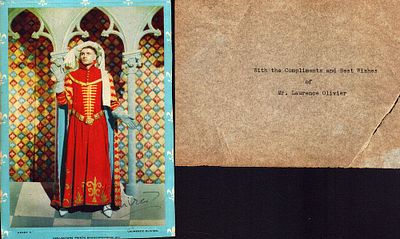 Actor Sir Laurence Oliver signed photocard from Henry V with compliment slip. He and his 