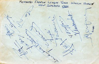1955 French Rugby League New Zealand Tour players signed vintage autograph album page inc 