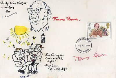 Politics unique Hand Drawn Political satire FDC signed by The late Tony Benn MP. Amusing 