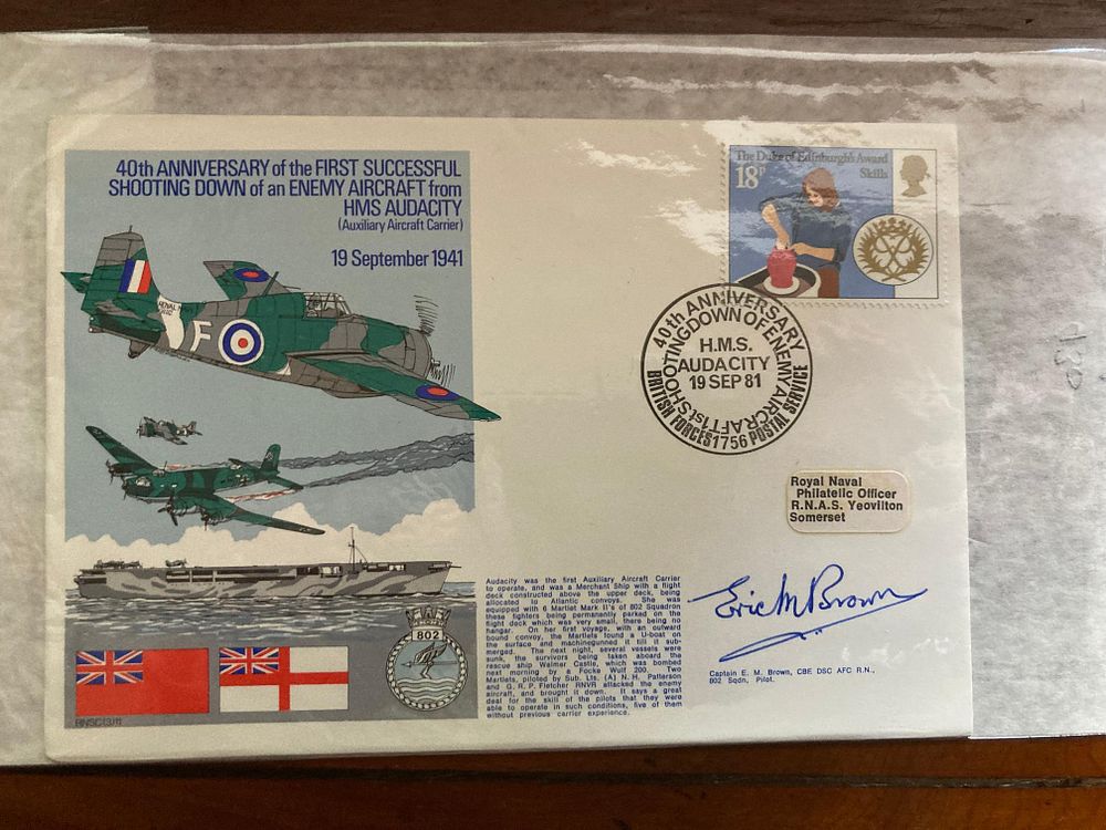 WW2 test pilot Eric Winkle Brown DSC AFC signed official 40th ann HMS Audacity 1st aerial 