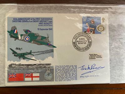 WW2 test pilot Eric Winkle Brown DSC AFC signed official 40th ann HMS Audacity 1st aerial 