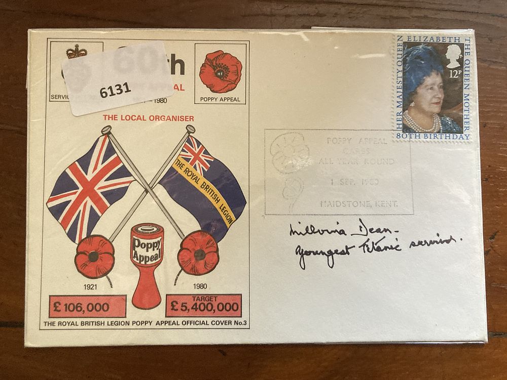 Youngest Titanic survivor Miss Millvina Dean signed rare 1980 Royal British Legion Cover 