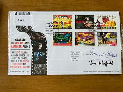 Carry on stars Bernard Cribbins and June Whitfield signed Classic Carry on Hammer Films FDC. 