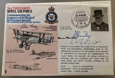 RAF Wg Cdr Norman MacMillan OBE, AVM A Gray CB, Flt Lt AJ Carolan and S I Stringer signed 12 
