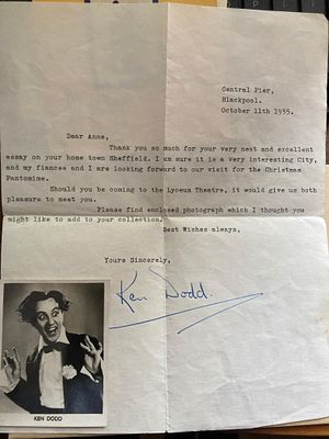 Ken Dodd Typed signed fan letter good content with small vintage photo. Sir Kenneth Arthur Dodd 