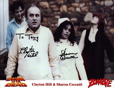 Clayton Hill and Sharon Ceccatti signed 10 by 8 inch colour photo from Dawn of the Dead. Dedicated