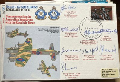 WW2 Lancaster 463-467 Sqns multiple signed flown RAF cover. Eight pilot autographs inc Flt Lt J 