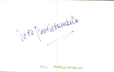 Pete Postlethwaite signed 6X4 inch white card.