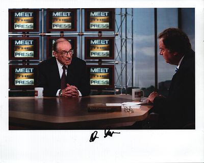 Alan Greenspan signed 10 by 8-inch colour photo.