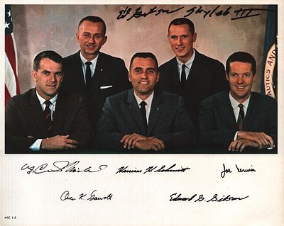 Printed NASA scientist astronauts printed signatures including F Curtis Michel, Harrison 