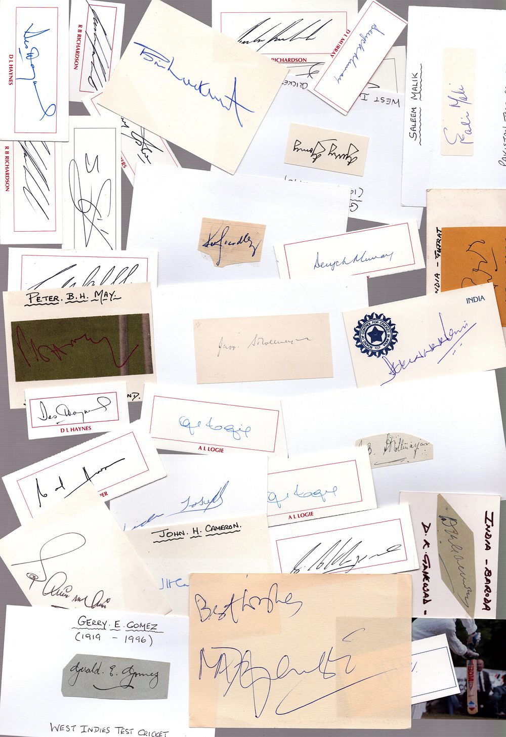 Test cricketers signed card collection includes over 30 signatures