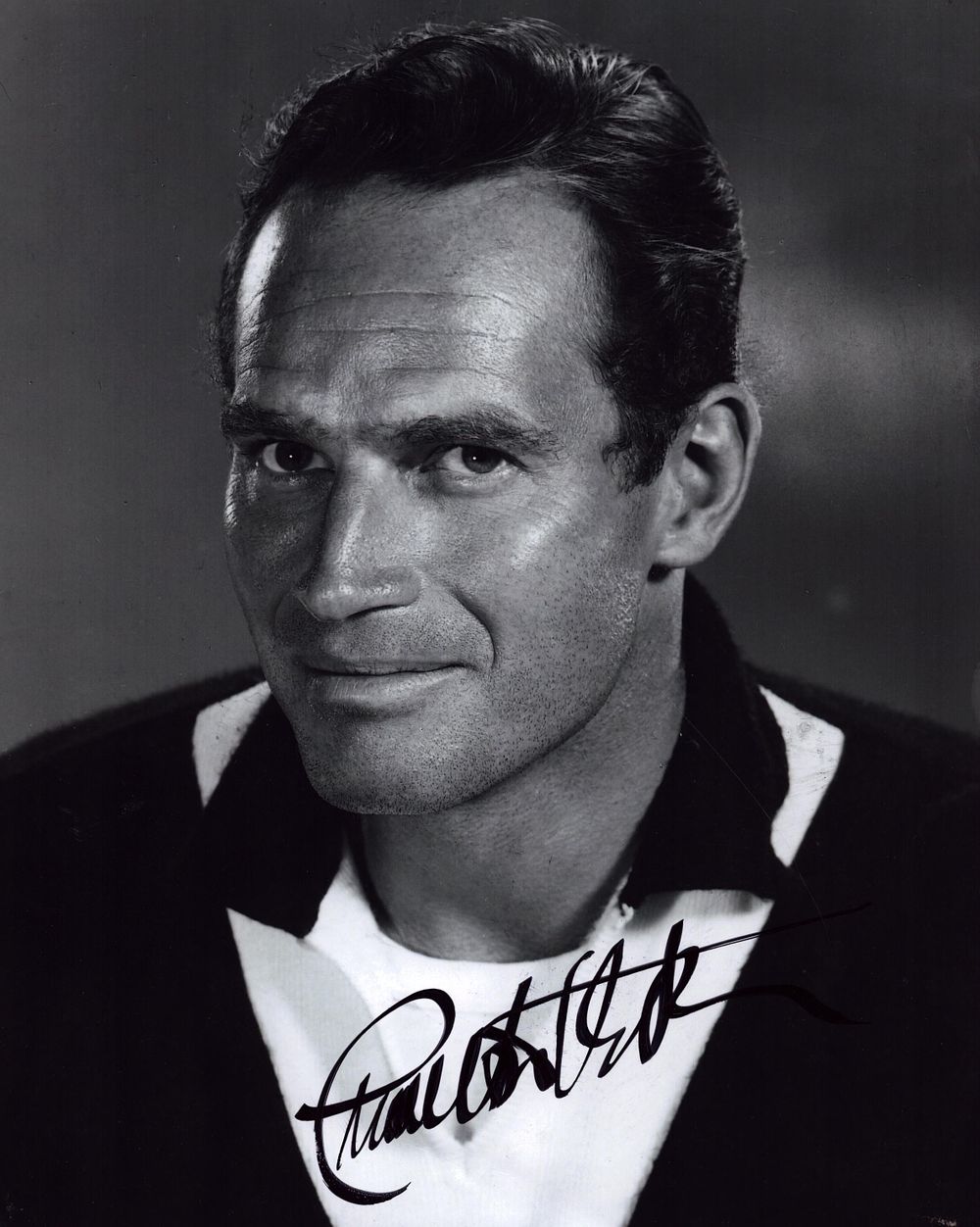 Charlton Heston signed 10X8 inch black and white photo