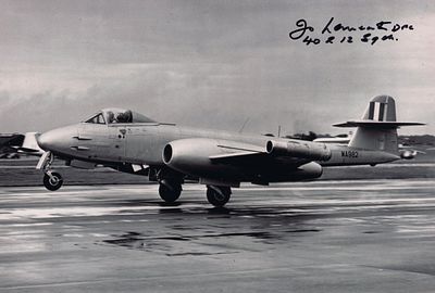 RAF Gloster Meteor fighter jet B&W 8x12 inch photo signed by WW2 Lancaster bomber pilot and 