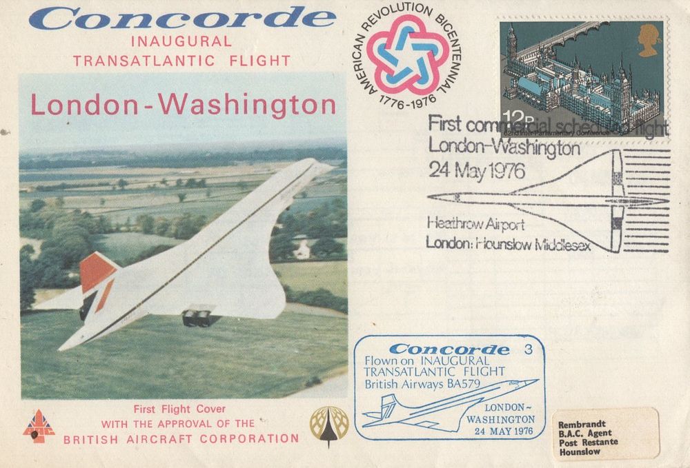 BAC Concorde inaugural flight London to Washington FDC with matching postmark 24/05/1976 