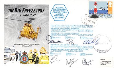 RAF 1987 Winter Rescues cover flown on THREE actual Wessex helicopter rescues and signed by 