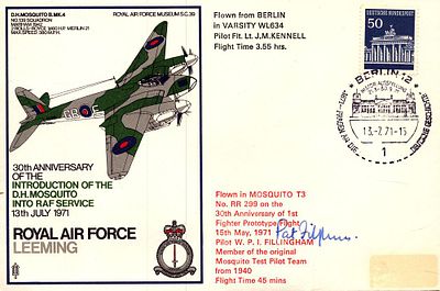 WW2 Test Pilot Pat Fillingham signed Cover 30th Ann of the introducing of the D.H. Mosquito 