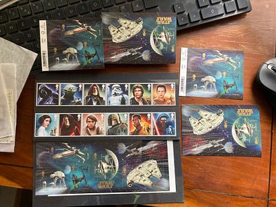 Star Wars Mint stamps 10 x 1st class and 4 miniature sheets. Face value &pound;43. Good condition Est.