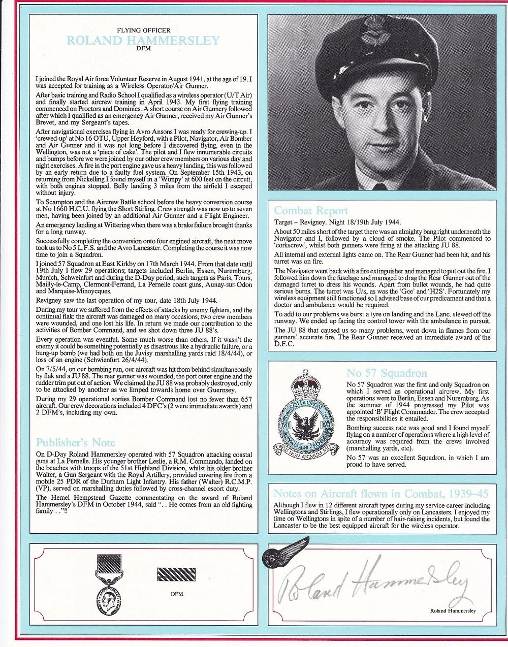 WW11 Bomber profile Signed by R Hammersley Wireless Operator/Air Gunner 57 Sqn. Personally 
