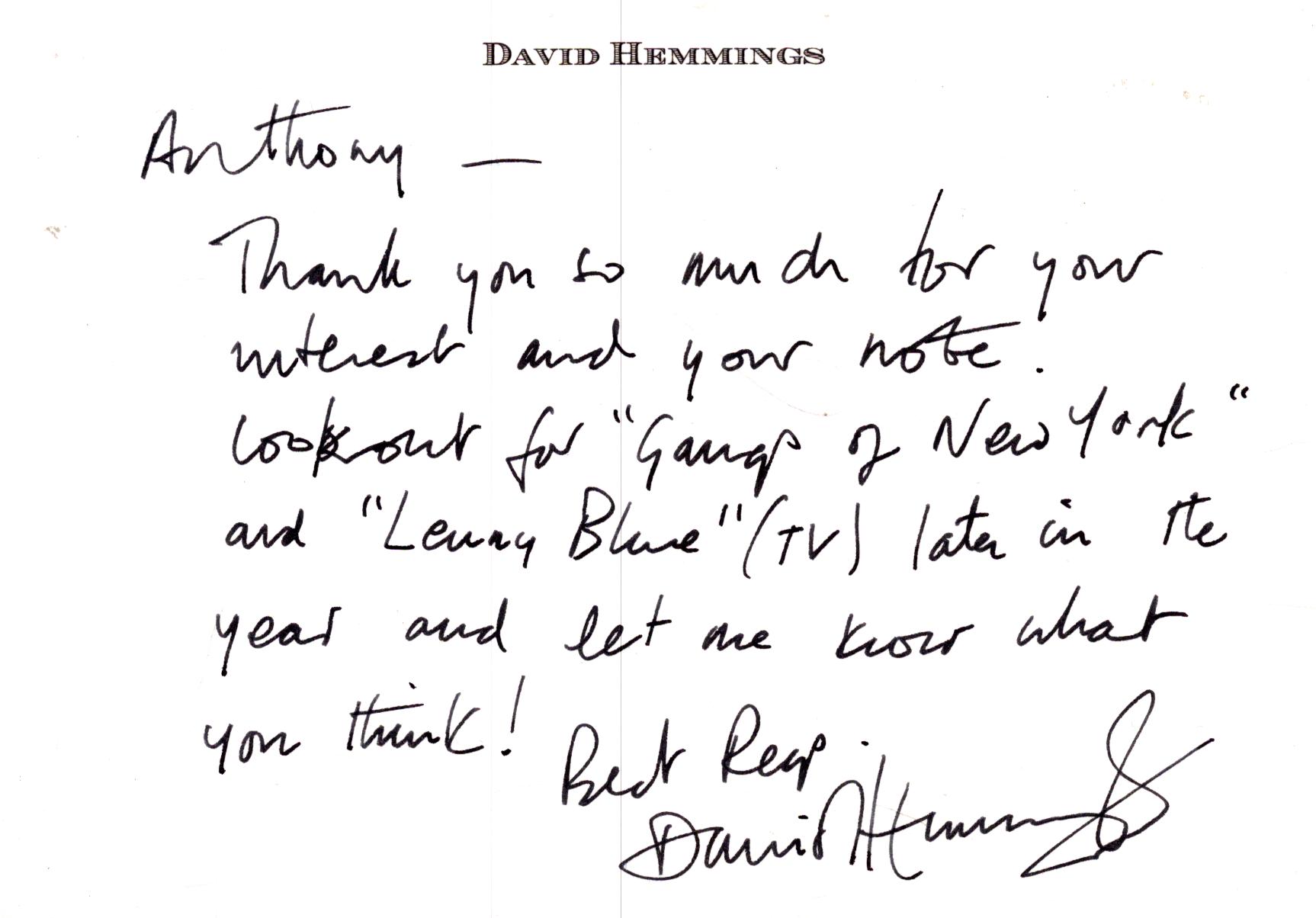 David Hemmings signed 6X4 inch white card dedicated