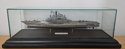 USSR Aircraft Carrier MINSK model Ship in glass case 17.5 x 5 inch with a wooden black wooden 