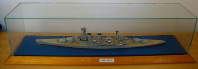 HMS Hood Model Ship in Perspex case 18.5 x 4.25 inch with a wooden pine wooden base overall 