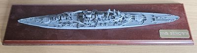 HMS Renown Battlecruiser Model 13.5x2.5 inch Approx. with a wooden Teak base 16x.5 inch Approx.
