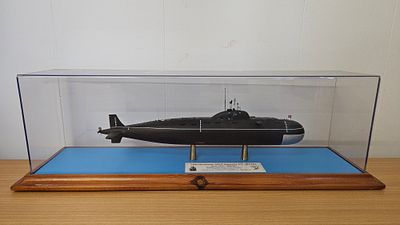 Russian Submarine 11.5x2 inch Approx plastic case 18x5 inch with a wooden Pine base 19.25x5.5 