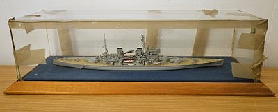 King George V-class battleship 12.5x2.5 inch Approx Glass case 15.5 x 4 inch with a wooden Teak 