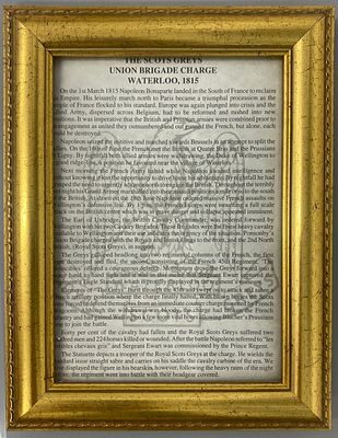 The Scots Greys Union Brigade Charge 1815 framed text, 7x5.5inch.