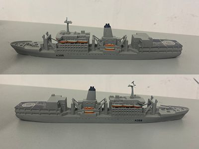 RFA Fort Austin A386 Fort Rosalie-class dry stores ship model, slight damage, 6x1.5inch.