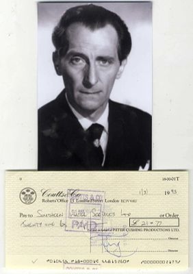Star War Horror legend Peter Cushing signed RARE Coutts Bank Cheque and photo. A Original 