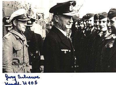 WW2 Uboat ace Georg Schewe U105, U60 signed 6x4 black and white photograph with Karl Donitz. 