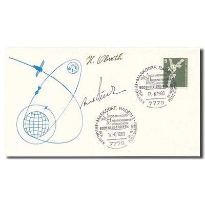 Rocket pioneers NASA Hermann Oberth and Albert Puellenberg hand signed 1980 Space cover. 