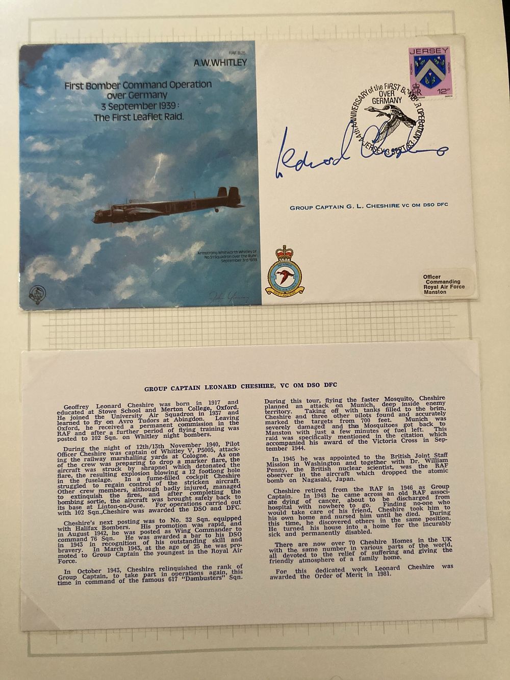 WW2 Victoria Cross Leonard Cheshire VC signed Bomber cover, biography on back. Typed career 