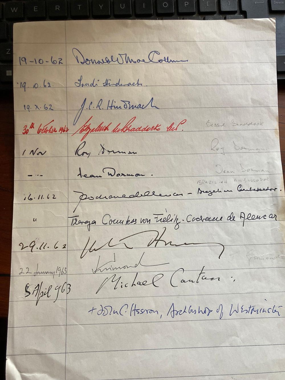 Political and Religious figures signed A4 guest book page inc Labour leader Joe Grimmond 