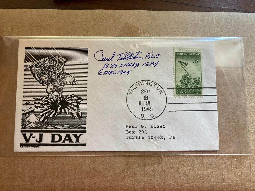 Atom Bomber Brig Paul Tibbets signed 1945 RARE US VJ day FDC with Iwo Jima stamp and Washington 