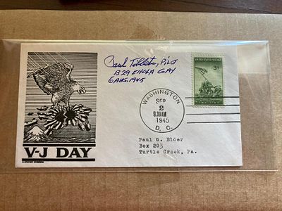 Atom Bomber Brig Paul Tibbets signed 1945 RARE US VJ day FDC with Iwo Jima stamp and Washington 