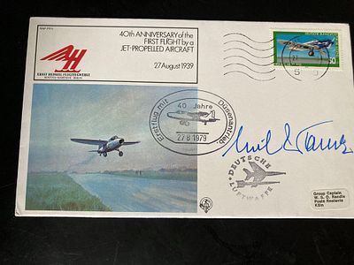 First Jet Aircraft pilot Erich Warsitz 1939 signed RAF flown WW2 Flight cover FF11 40th ann of 