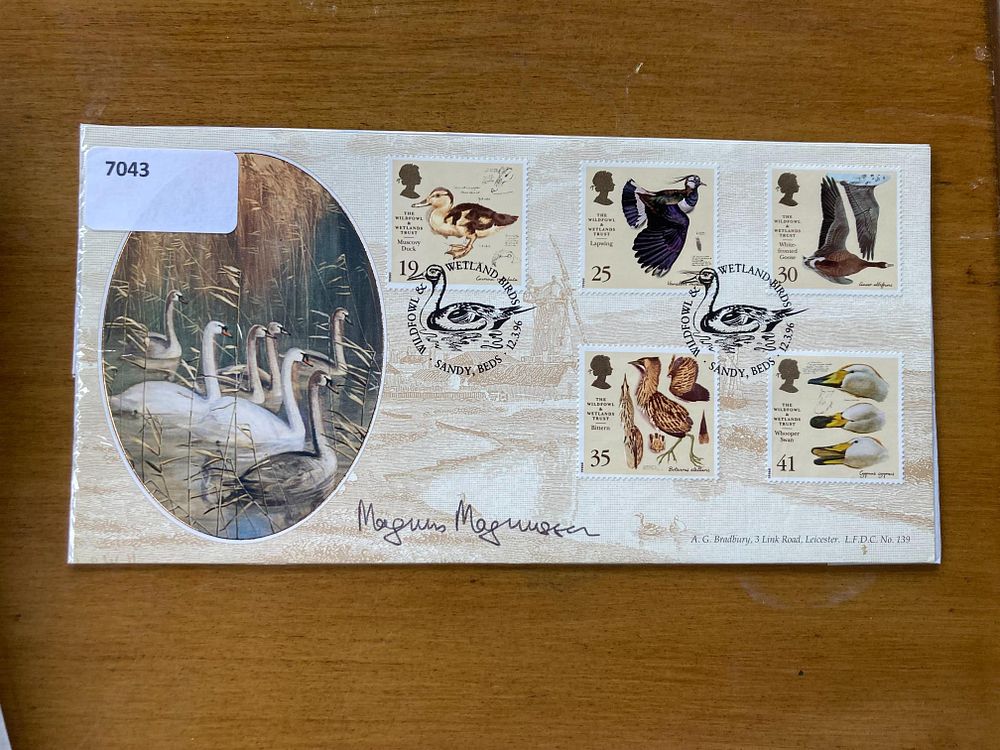 Mastermind Magnus Magnusson signed 1996 A G Bradbury official Birds FDC LFDC139, WWT Sandy Beds 