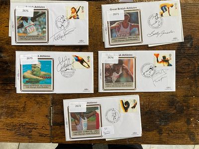 1996 Sport set 5 Benham official FDCs, signed by Tessa Sanderson, Duncan Goodhew, Daley 