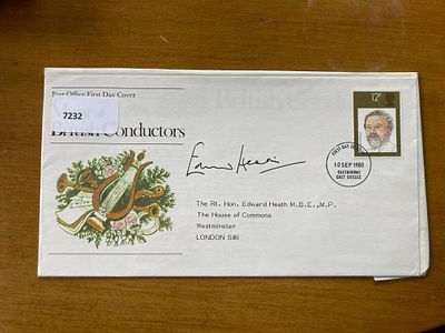 Prime Minister Edward Heath signed 1980 British Conductors FDC. Neat typed address to him at 