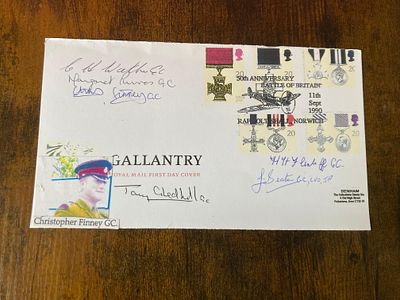 George Cross winners 6 heroes signed card. Colour copy of a Gallantry FDC hand signed by C 