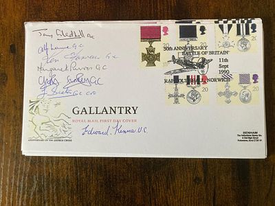 George Victoria Cross winners 7 heroes signed card. Colour copy of a Gallantry FDC hand signed 