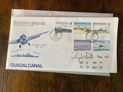 WW2 US Ace ??? VF6, 28 signed 1992 Solomon Islands Guadalcanal FDC. Good condition Est.