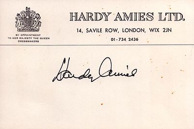 Hardy Amies signed compliments card. Renowned fashion house located on Savile Row in London.