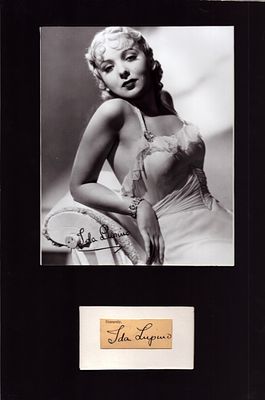 Ida Lupino signed card mounted with black and white photo. 11x16.