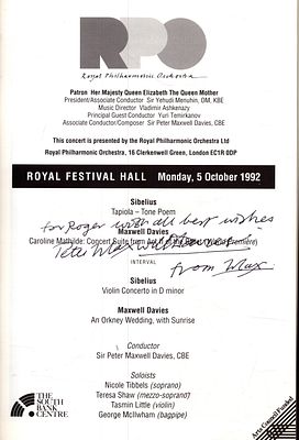 Sir Peter Waxwell Davis signed Royal Philharmonic Orchestra Oct 1992 programme, with entry ticket.